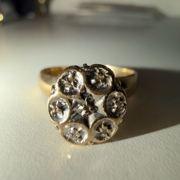 Vintage 10kt solid gold bicolor floral natural diamond cluster ring thick band - Picture 8 of 11